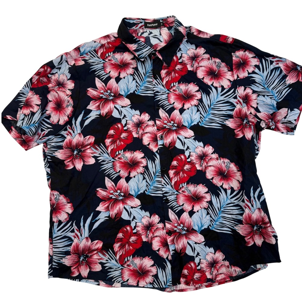 VatPave Mens XXL Tropical Floral Hibiscus Button Down Shirt Navy Blue Red Cotton